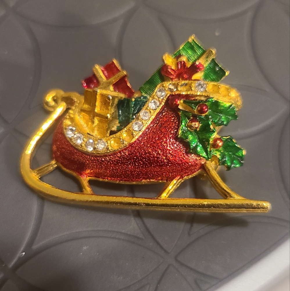 Vintage Christmas Pin Sleigh Gifts Enamel Rhinestones Brooch St Labre Estate